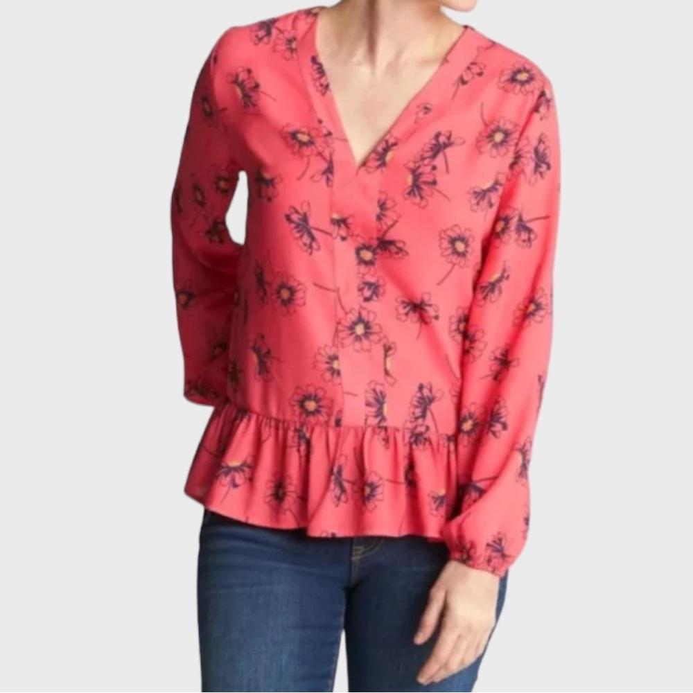 Gap Pink Daisy Peplum Long Sleeve Top Size Small